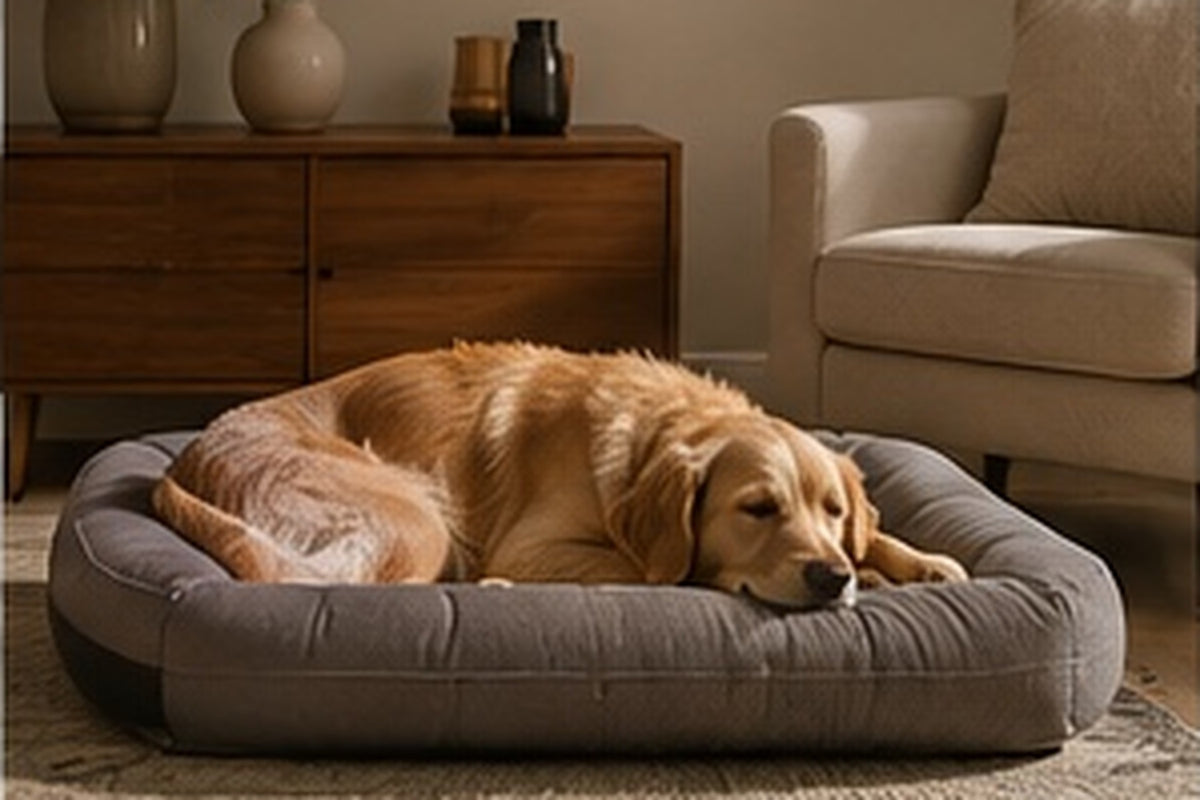 A relaxed dog resting on a supportive bed in a warm, refined living room.