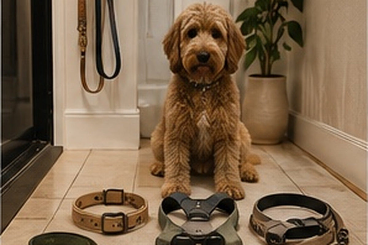 A dog sitting beside a selection of collars, harnesses and leads.