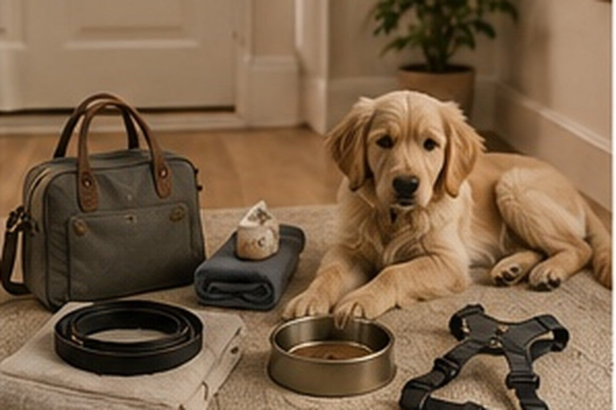 A new dog resting beside neatly arranged essential pet accessories.