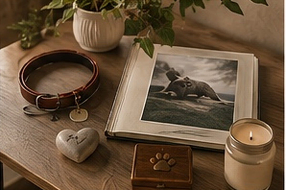 A pet photograph, collar and keepsakes arranged as a gentle memorial.