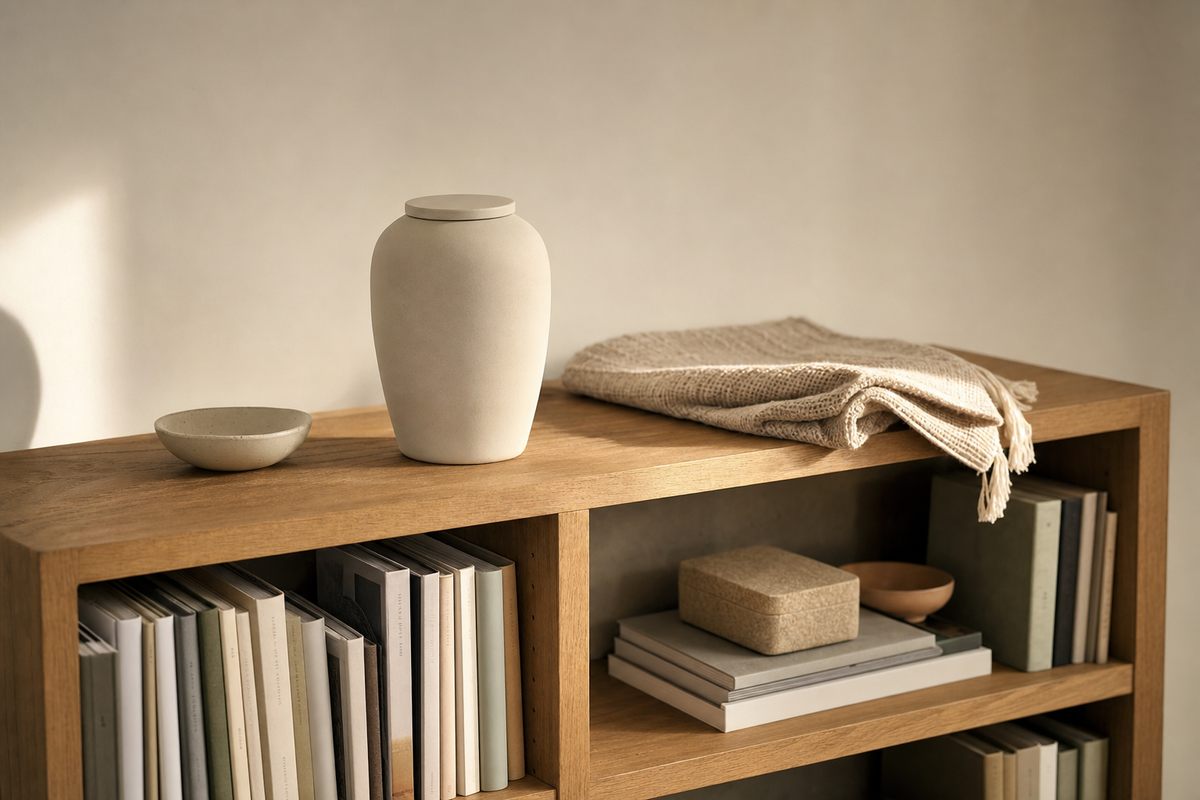 A pet memorial urn resting quietly on a bookshelf in warm daylight.