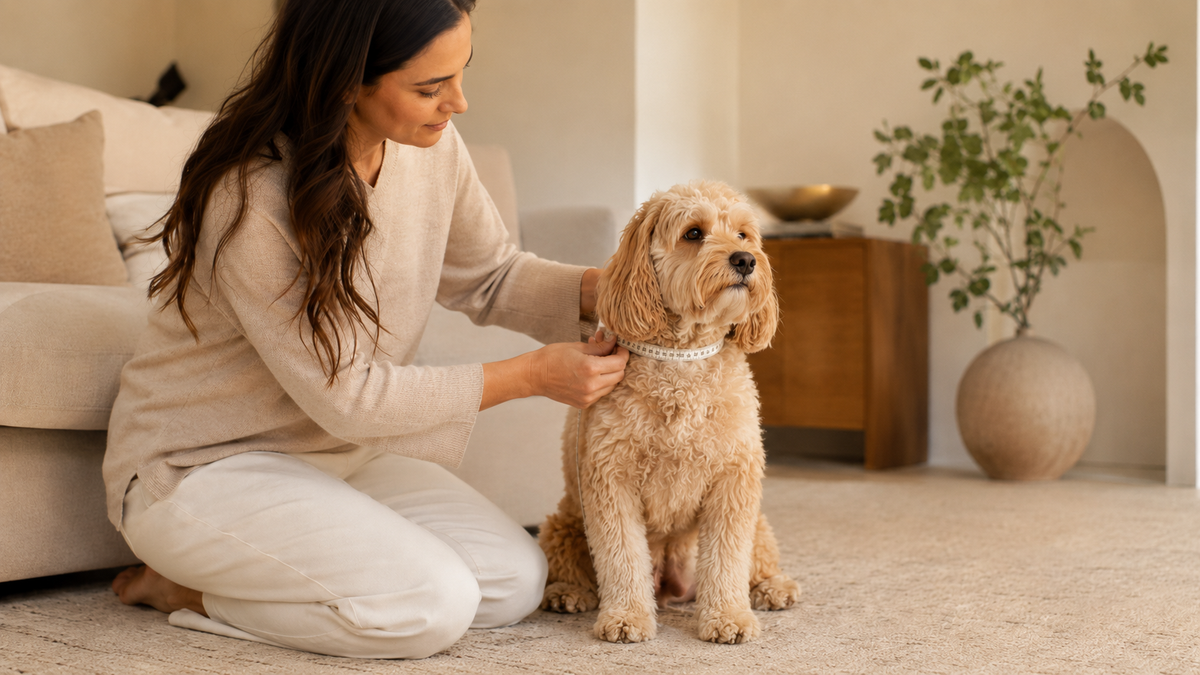 Woman gently measuring her Cockapoo's neck with a soft tape measure at home, illustrating how to measure a dog for a jacket, jumpsuit or harness.