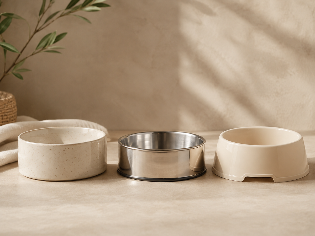 Three pet food bowls side by side in ceramic, stainless steel and PP plastic, comparing material options for feeding bowls.