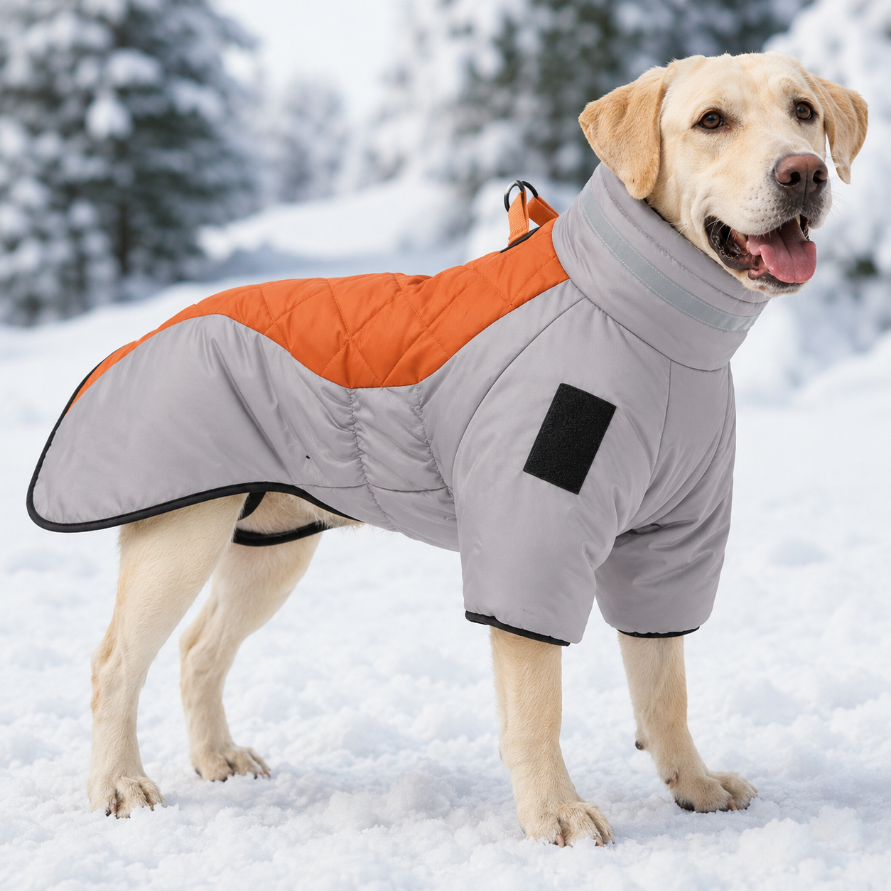Labrador wearing the reflective quilted winter dog coat in gray and orange in a snowy landscape