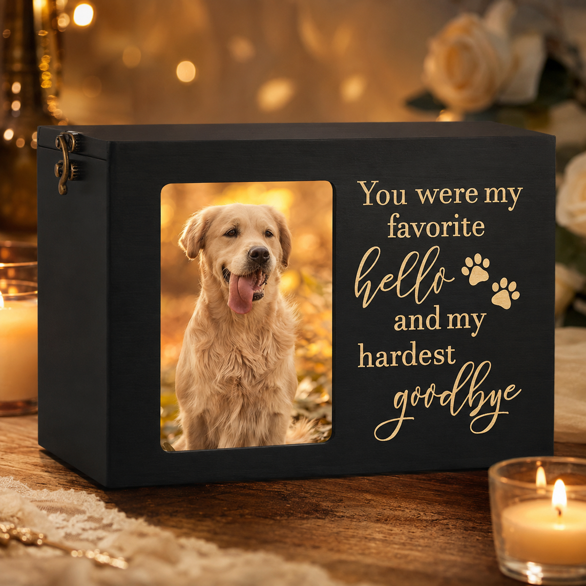 Black wooden pet memorial box with photo frame window and engraved quote, displayed in a warm candlelit setting.