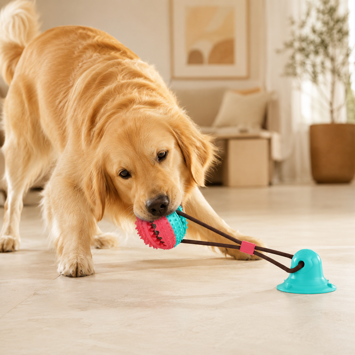 Golden Retriever tugging the blue and pink round-head suction cup dog toy on a light stone floor in a warm neutral living room.