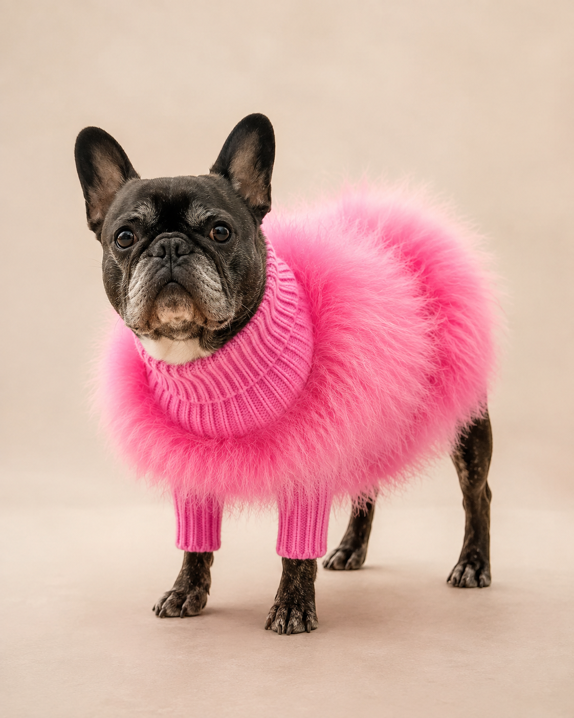French bulldog wearing the Feather Trim Pet Sweater in Enthusiastic Pink on a clean studio background.