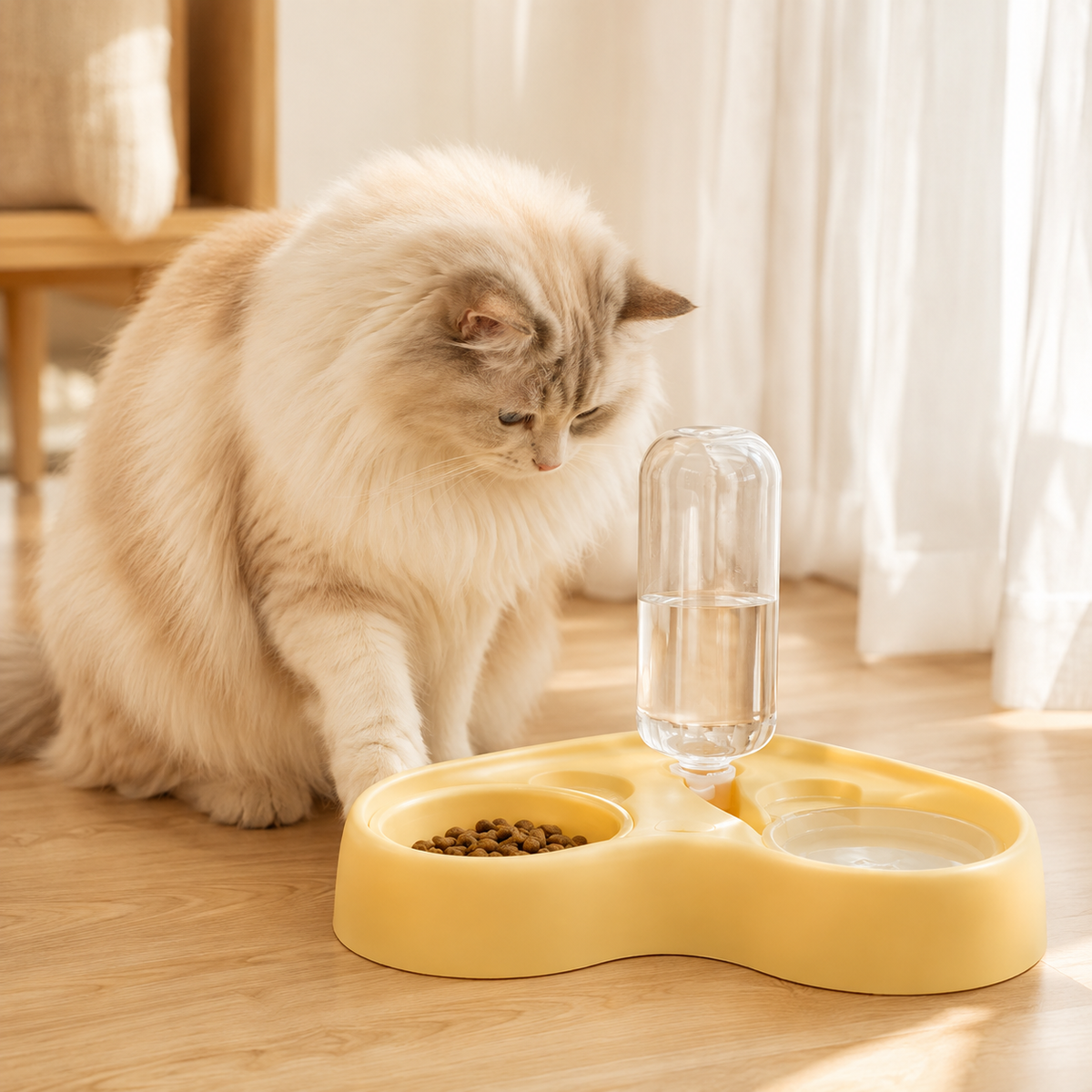 Long-haired cat beside the Maison Duo pet feeder and automatic waterer in Cream Yellow with PP food bowl.