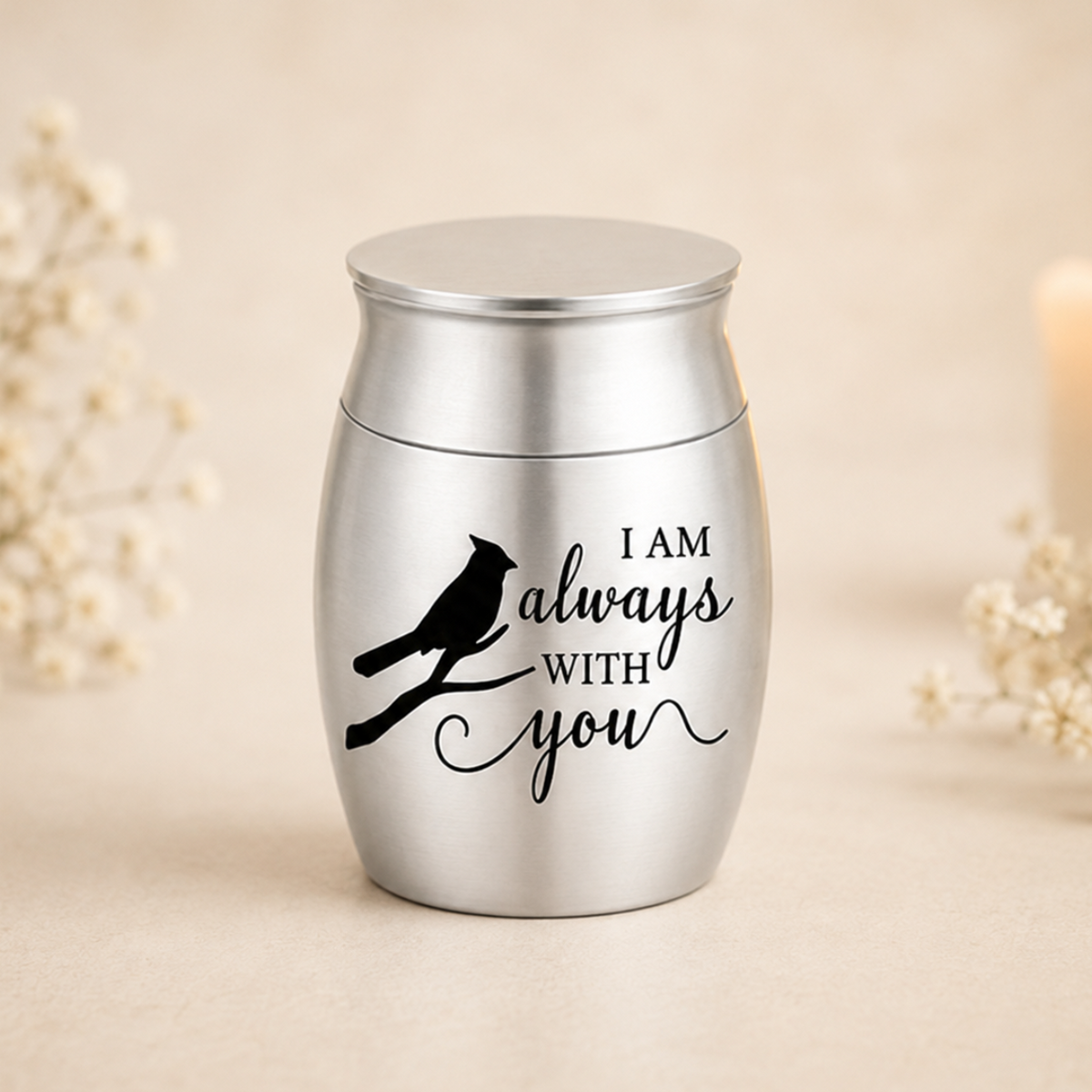 Elegant silver mini bird memorial keepsake urn styled with soft florals in warm natural light.