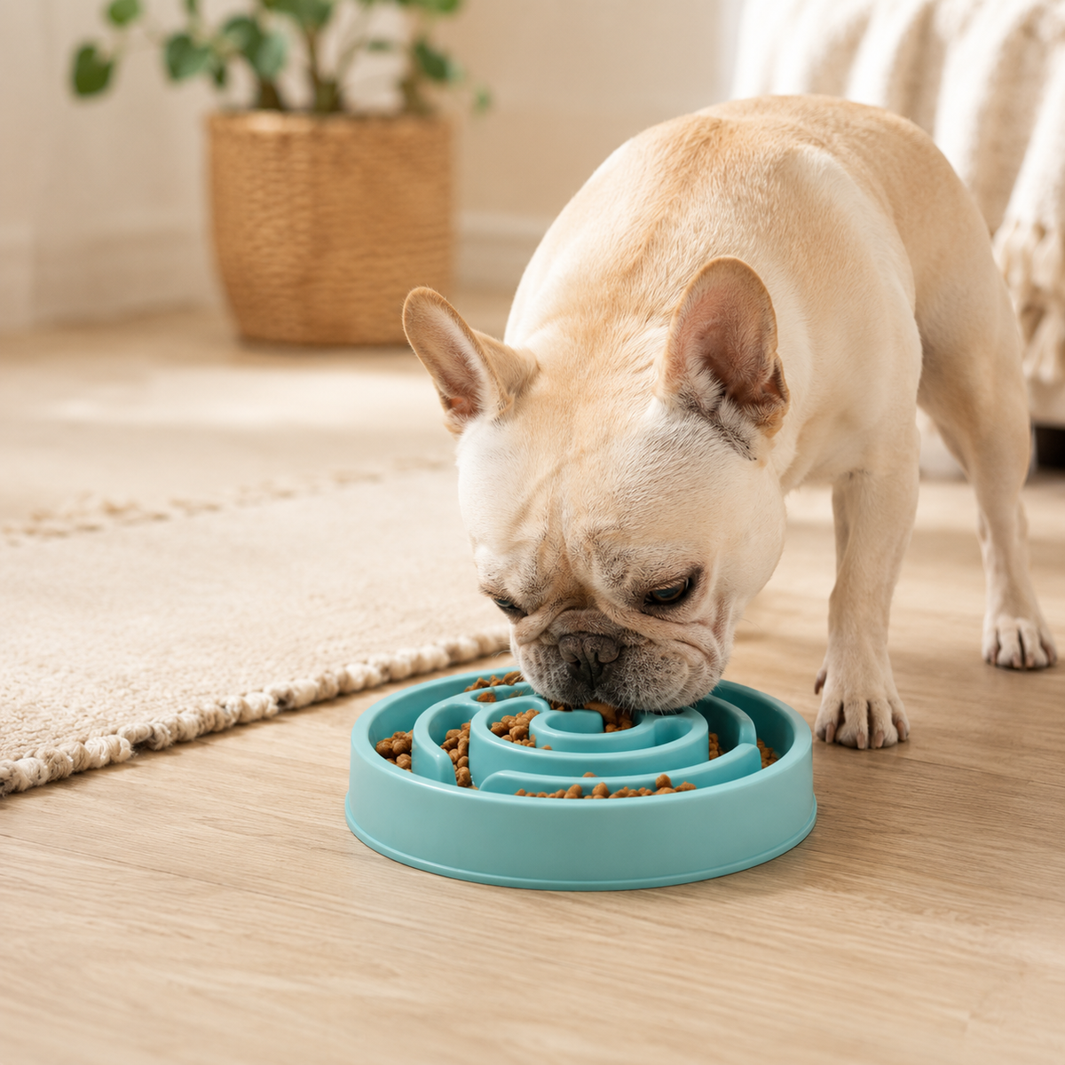 French Bulldog eating from the Luna Anti-Slip Spiral Slow Feeder Bowl in Aqua Blue.