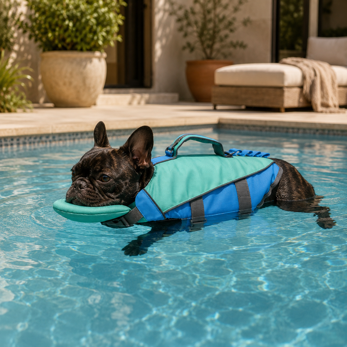 French bulldog swimming in a pool wearing the HarborGuard reflective dog life jacket in pine green and blue.
