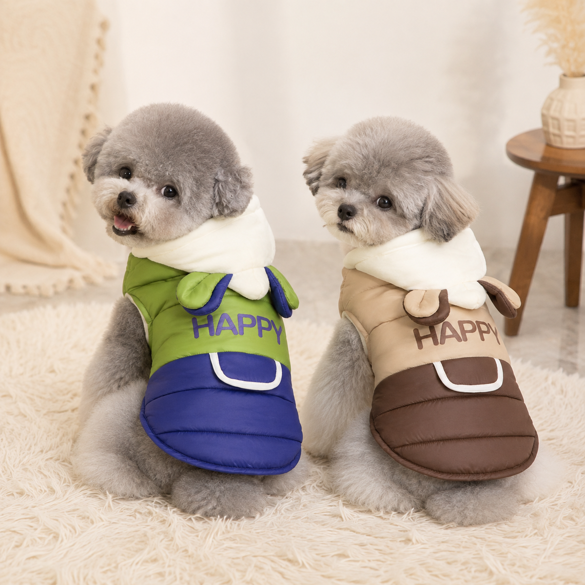 Two small poodle-style dogs wearing the Hooded Dog Winter Cotton Coat in Green and Brown on a cosy indoor set.