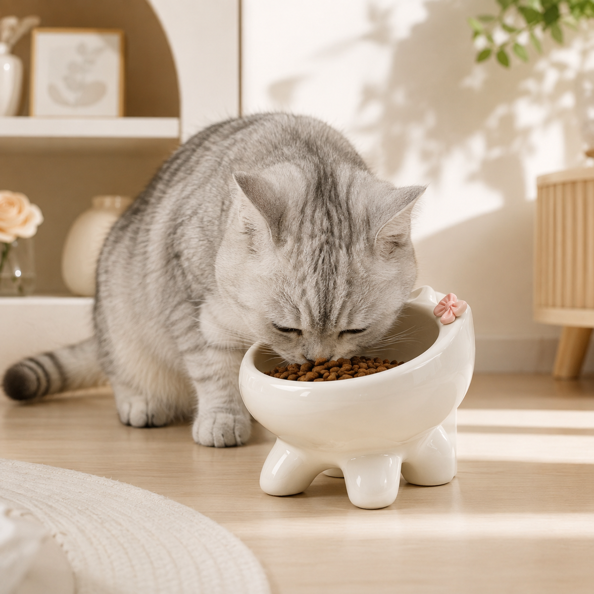 Silver tabby cat eating from an elevated off-white ceramic cat bowl with a pink bow detail in a warm neutral home interior.
