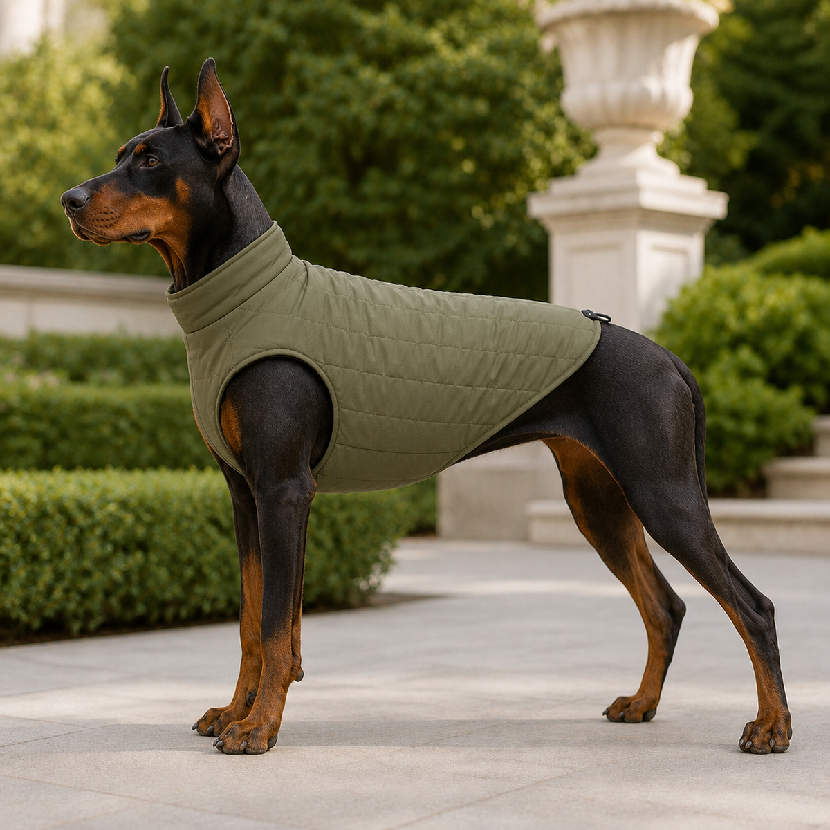 Doberman wearing the Water-Resistant Dog Vest in Military Green in an elegant outdoor setting.