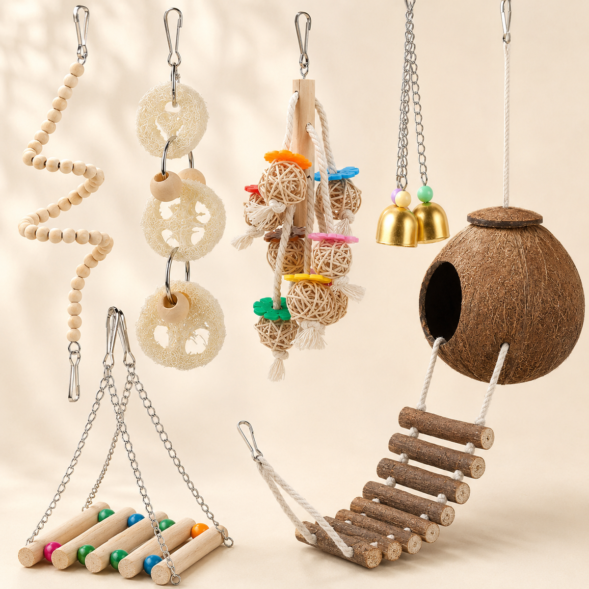 Wooden bird toy set with spiral bead perch, loofah slice chain, hanging woven ball cluster, bell toy, coconut hut, platform swing and wooden bridge ladder on a warm cream background.