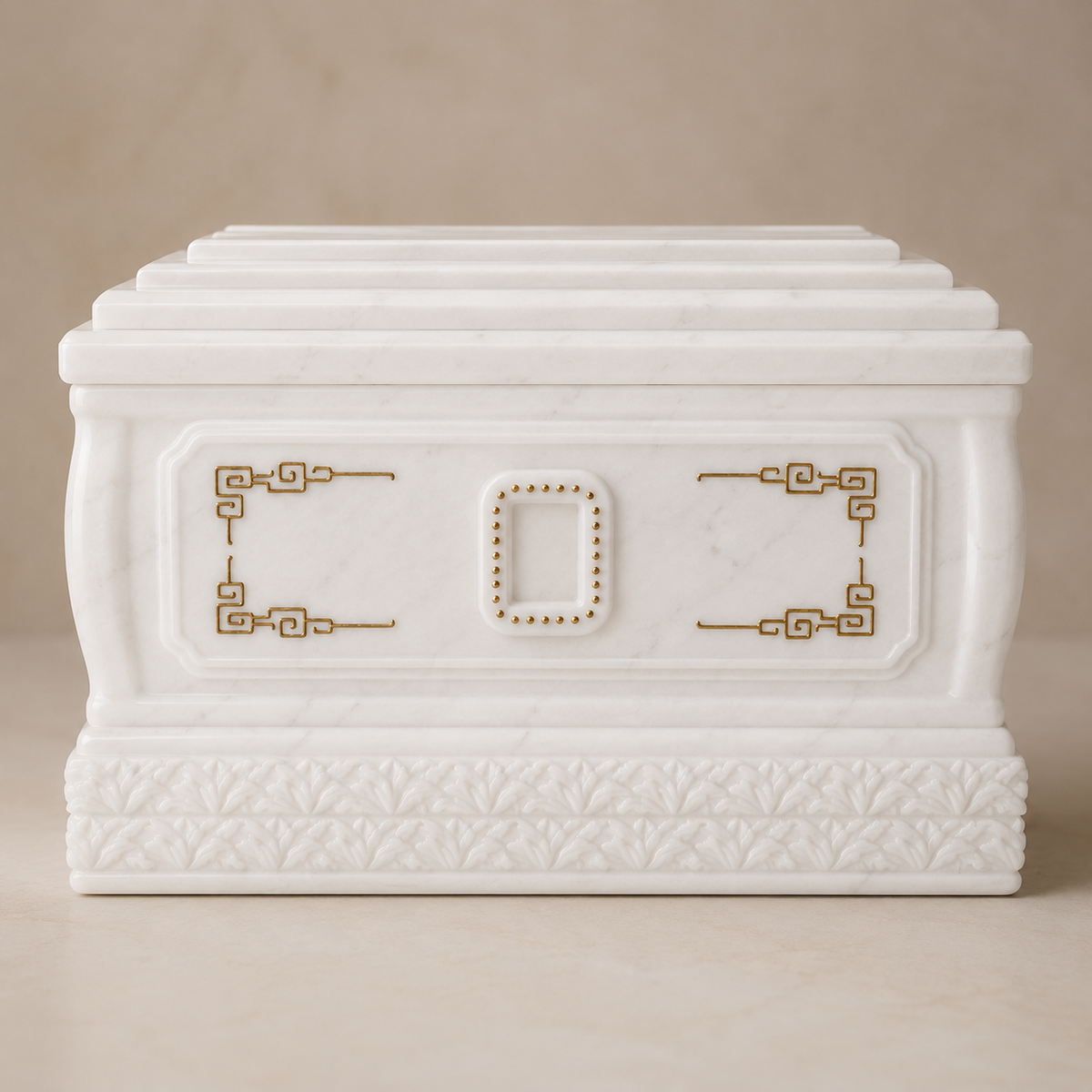 Front studio view of a premium white marble memorial urn with stepped lid and gold decorative detailing.
