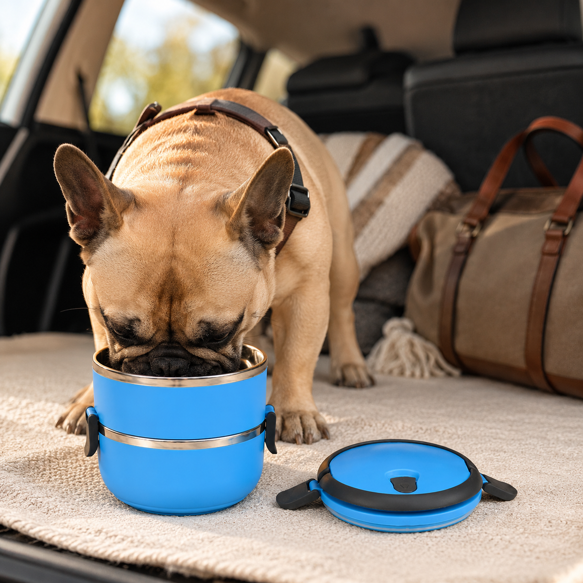 Small French Bulldog eating from the blue Voyager Seal stainless steel pet travel bowl inside a car, with the sealed lid placed beside it.
