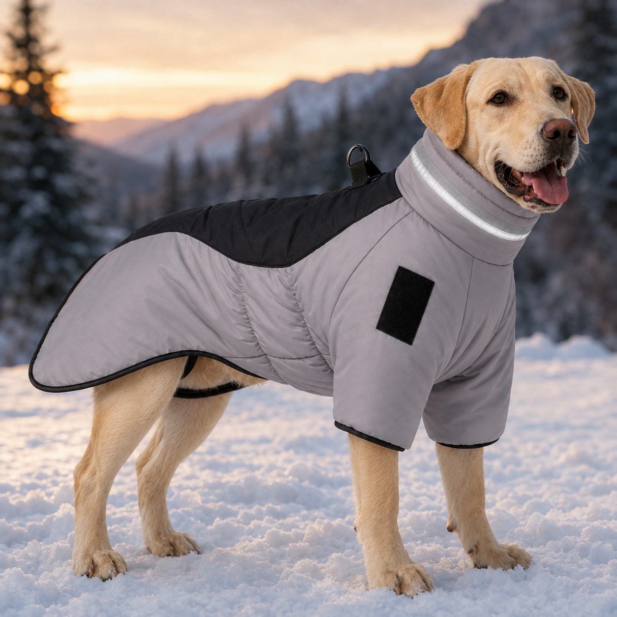 Labrador wearing the reflective quilted winter dog coat in gray and black at sunset in a snowy mountain setting