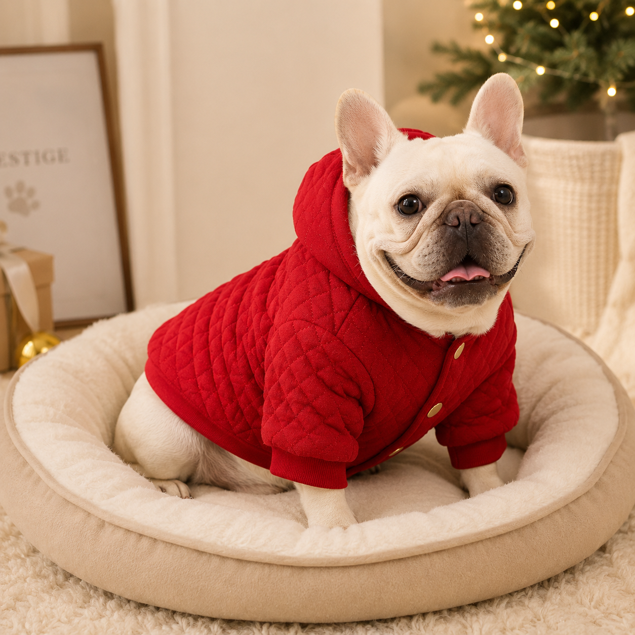 French bulldog wearing the red festive quilted hooded dog jacket in a cosy home interior