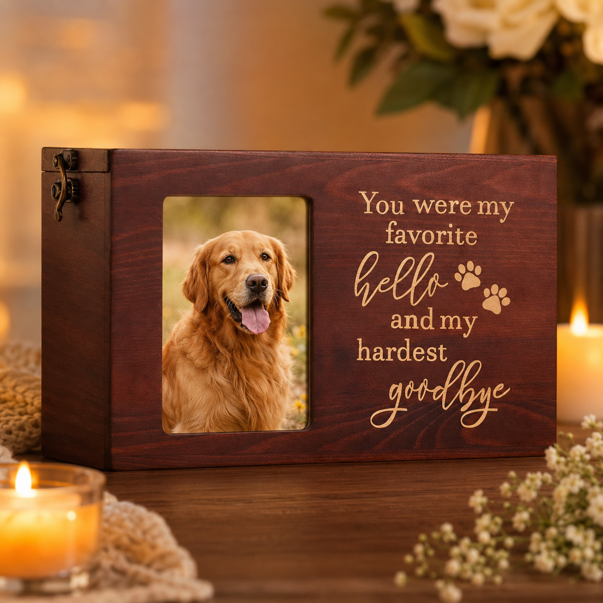 Red wooden pet memorial box with photo frame window and engraved quote, displayed in a warm candlelit setting.