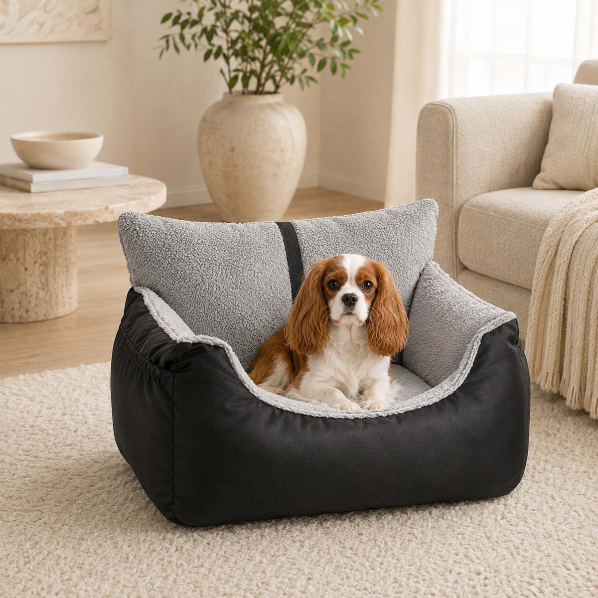 Black Voyager Nest detachable pet car seat bed with a Cavalier King Charles Spaniel in a warm beige living room.