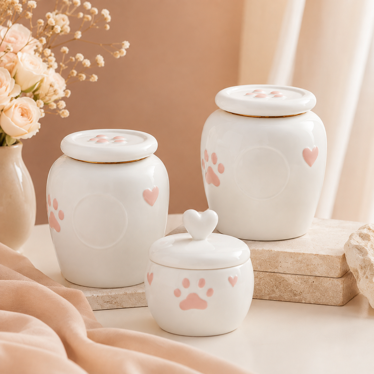 Large, medium, and heart-lid ceramic pet memorial urns displayed together with blush flowers and warm neutral styling.