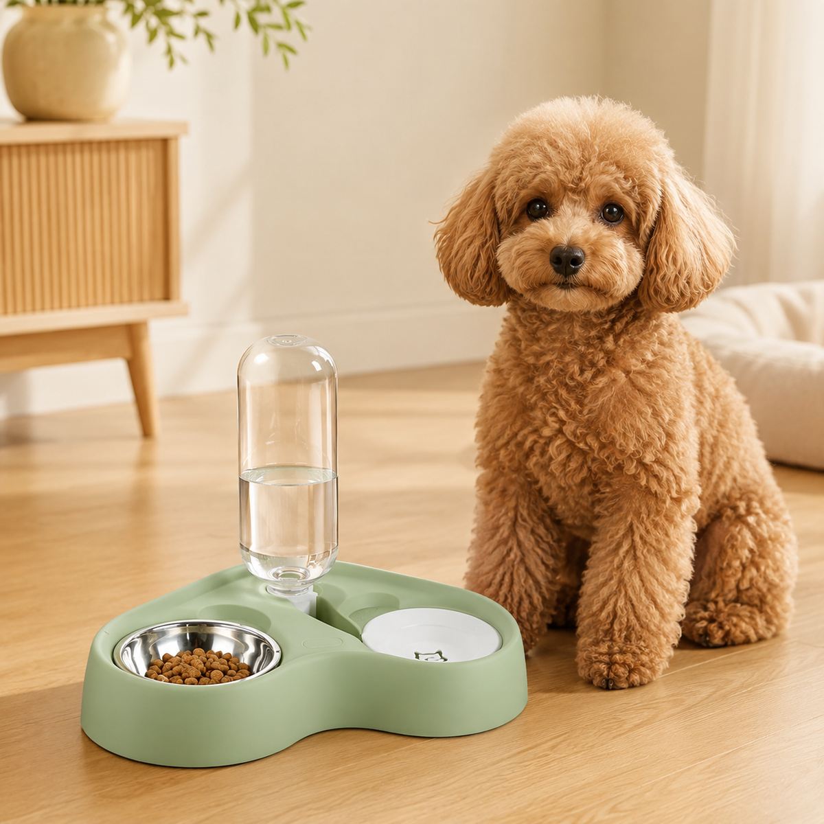 Small dog beside the Maison Duo pet feeder and gravity waterer in Matcha Green with stainless steel food bowl.
