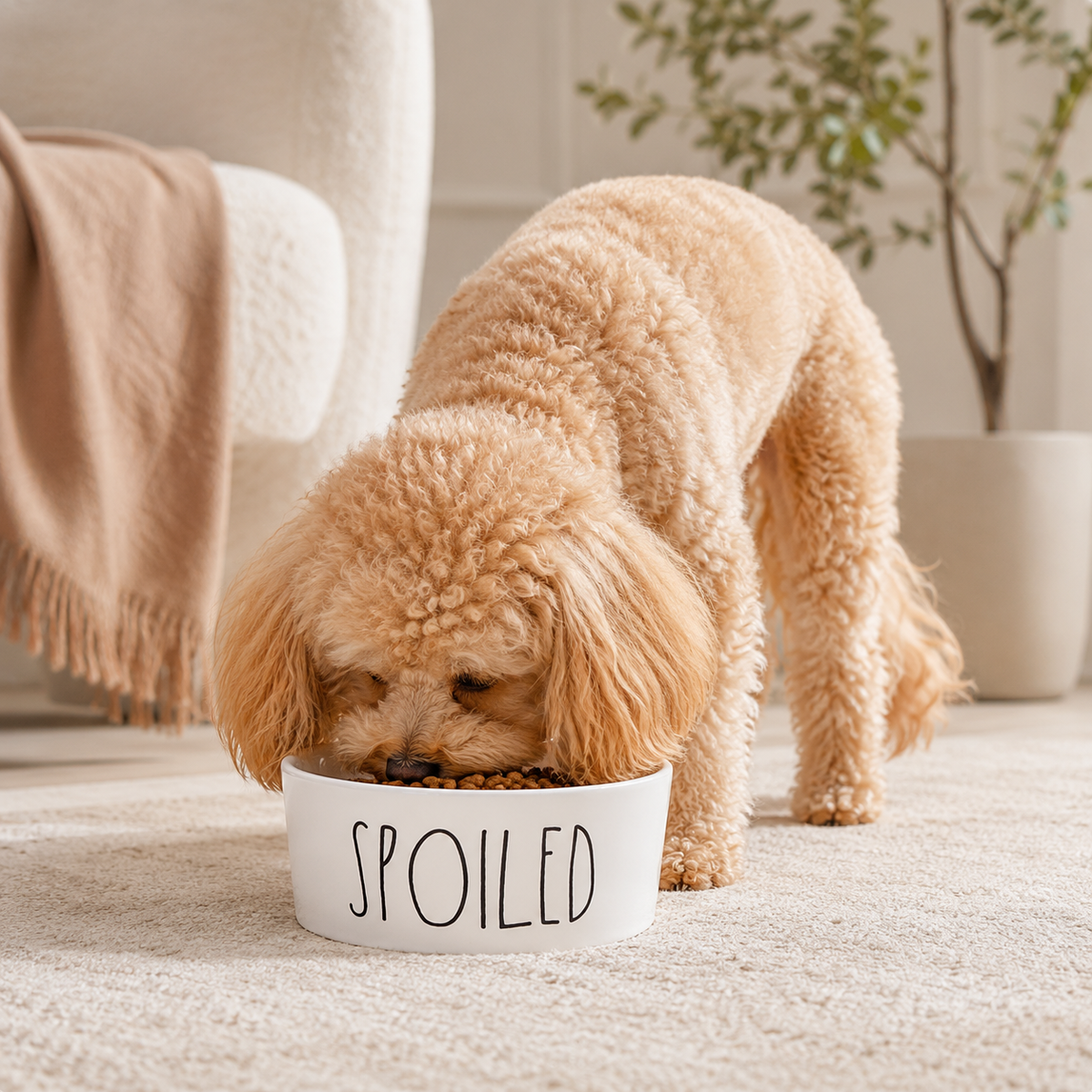 Small curly-haired dog eating from a white Spoiled ceramic pet bowl in a softly styled cream home interior.