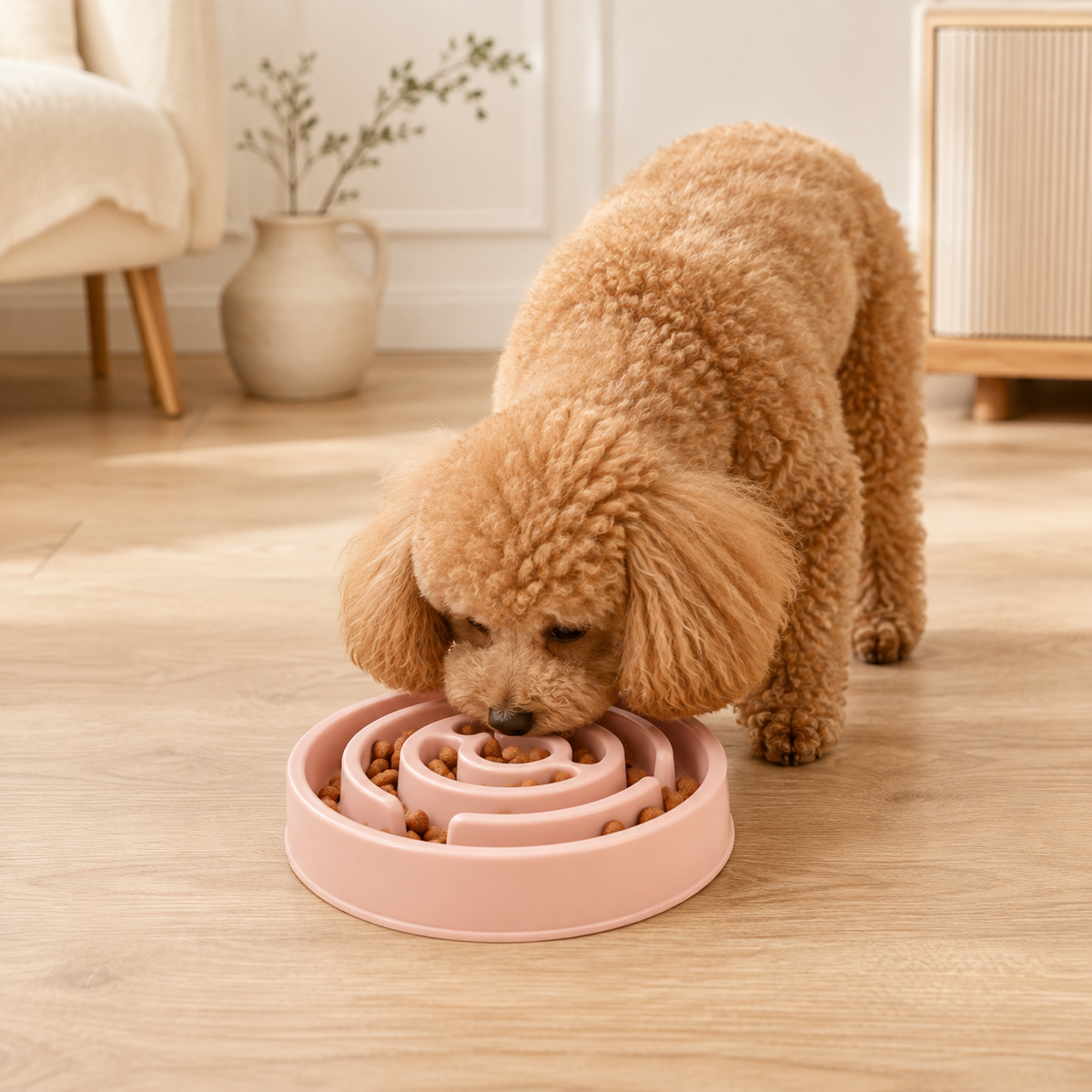 Poodle eating from the Luna Anti-Slip Spiral Slow Feeder Bowl in Blush Pink.