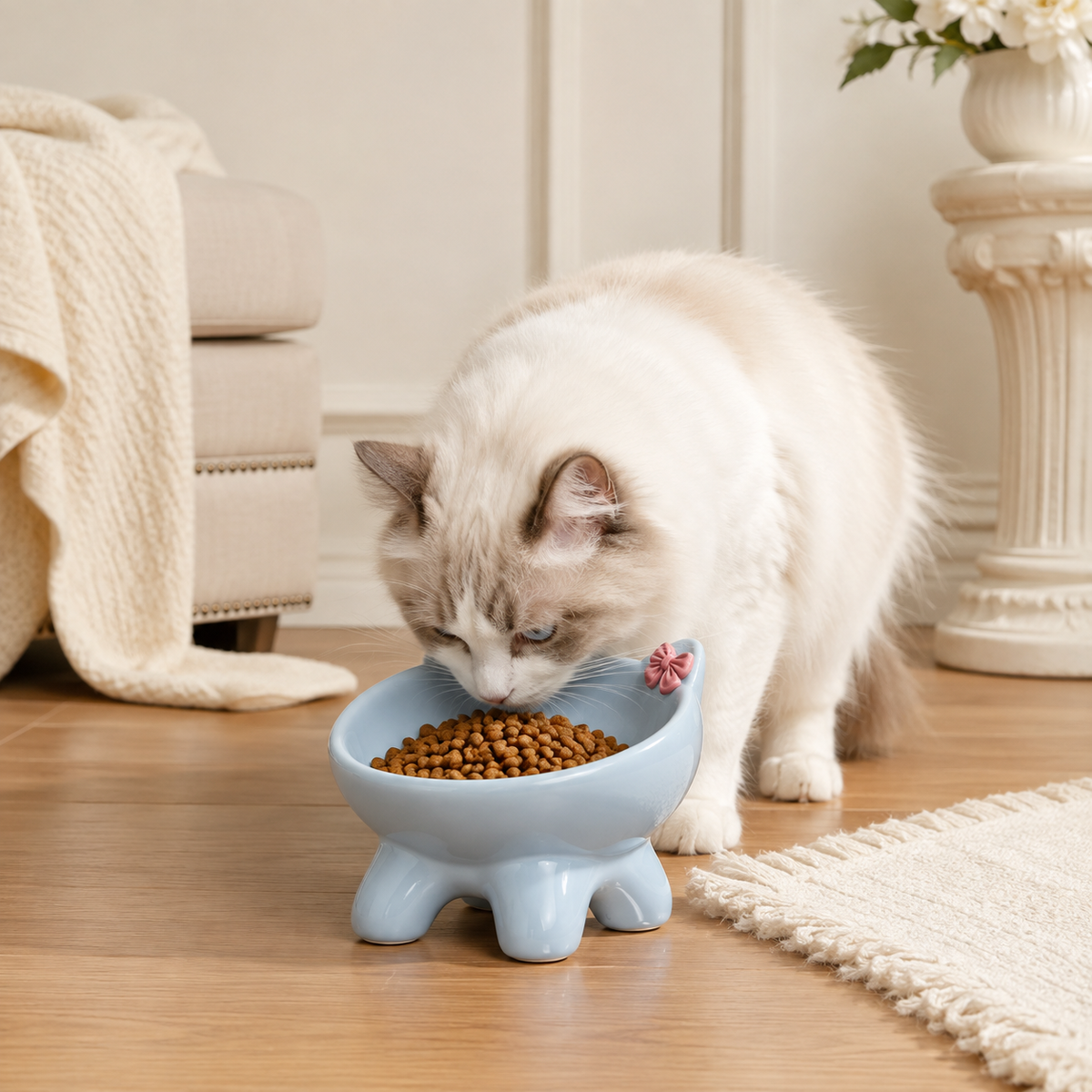 Fluffy cat eating from an elevated sky blue ceramic cat bowl on a light wood floor in a refined cream-toned room.