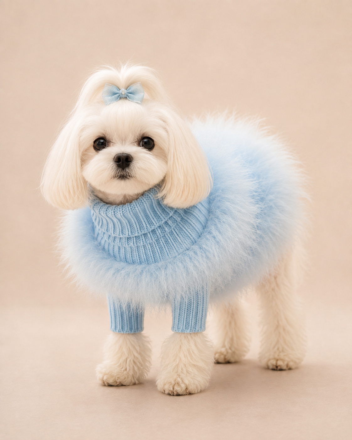 Maltese dog wearing the Feather Trim Pet Sweater in Light Blue in a refined studio portrait.