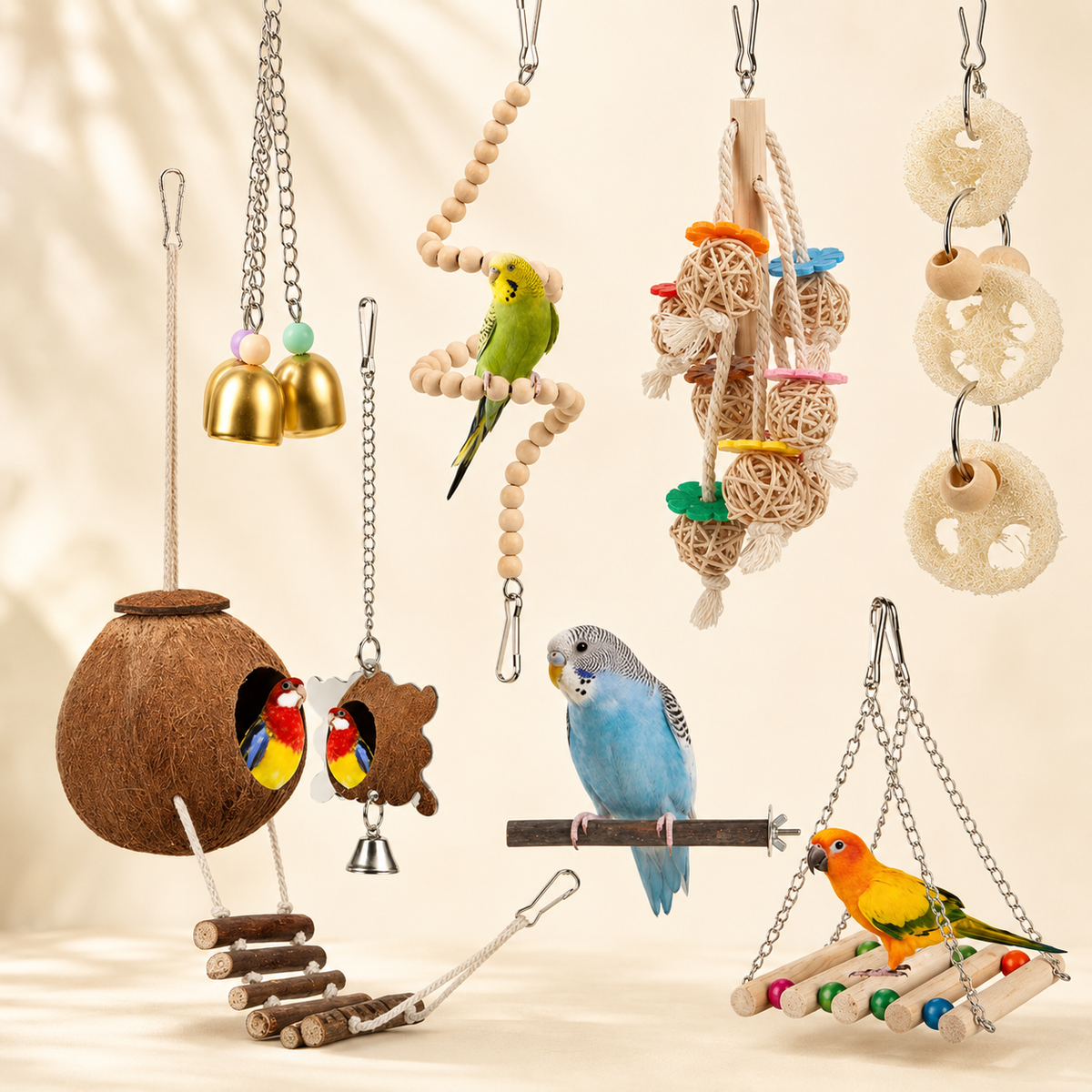 Wooden bird toy set with coconut hut, hanging mirror charm, twin gold bells, bead spiral perch, colourful woven ball cluster, loofah ring chain and wooden bridge ladder, shown hung and in use by parakeets.