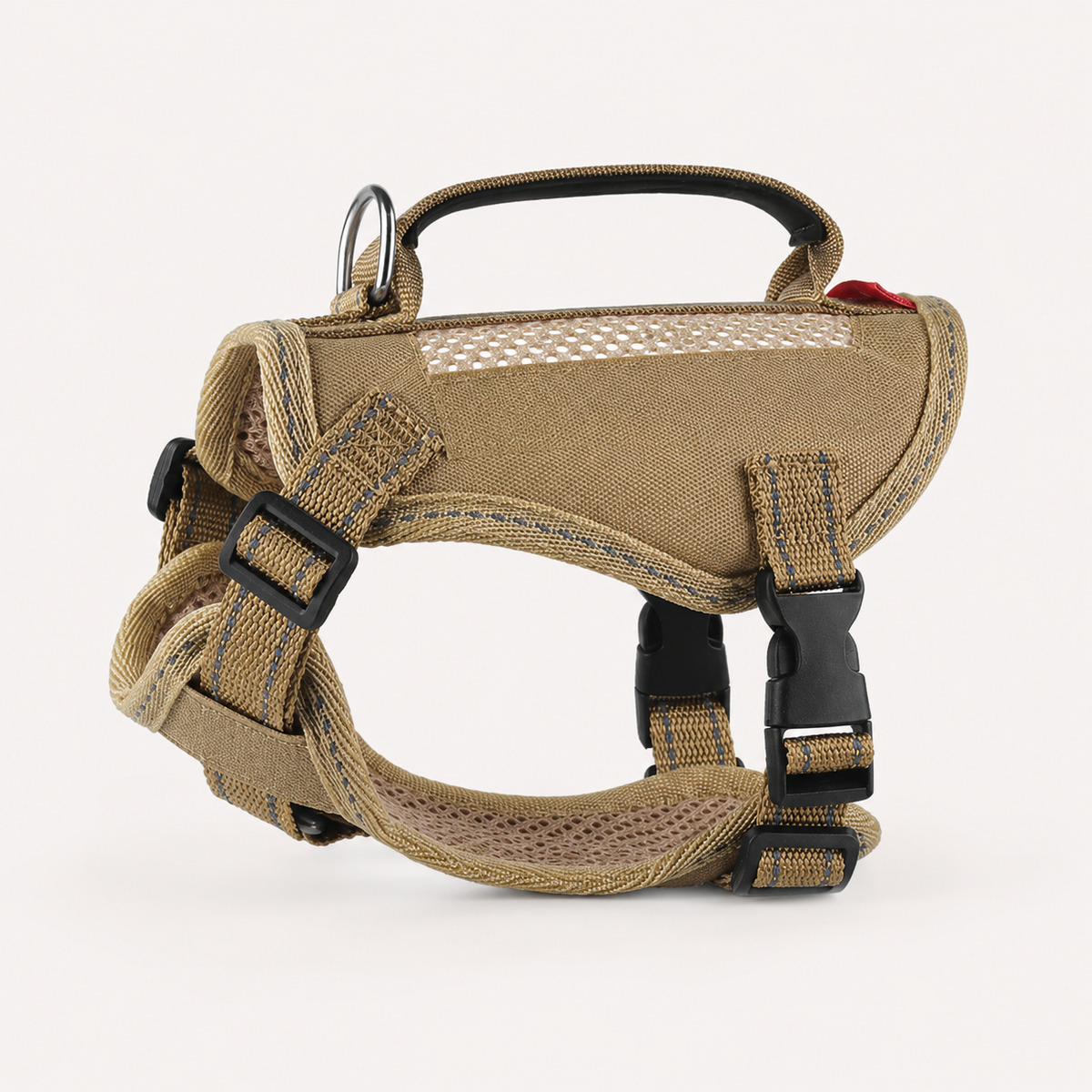 Khaki Prestige Tactical Cat Adventure Harness with adjustable straps, top handle and reflective detailing on a clean studio background.