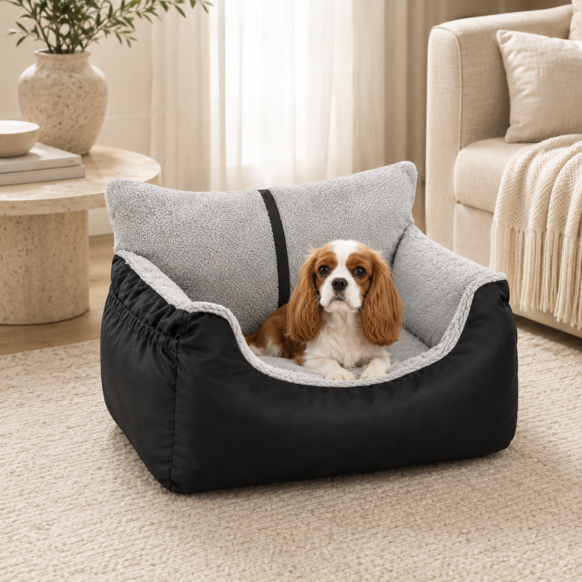 Small spaniel sitting inside the black and grey plush pet car seat bed in a warm ivory living room.