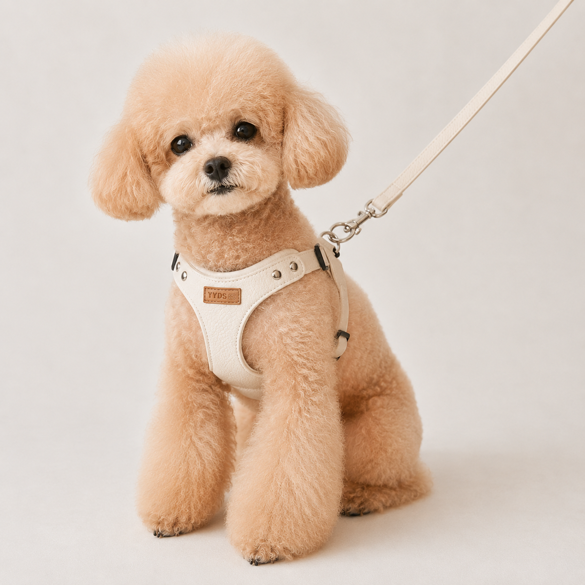 Apricot toy poodle wearing the Prestige Ivory Leather Walking Harness with matching ivory leash attached at the back.