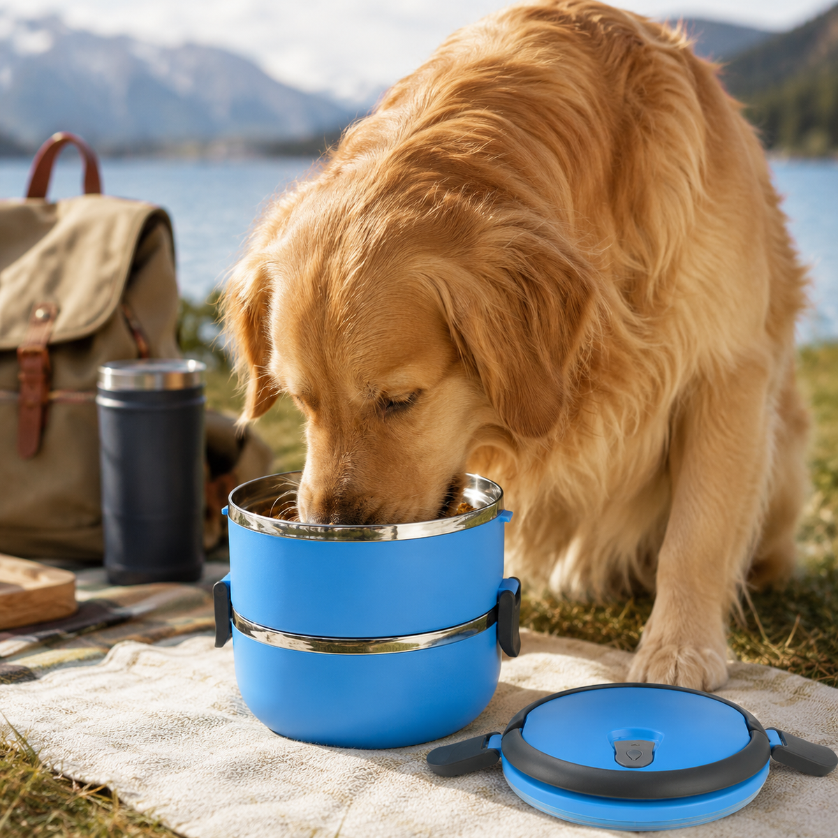 Golden Retriever enjoying a meal outdoors from the blue Voyager Seal stainless steel pet travel bowl beside a picnic setup by the lake.
