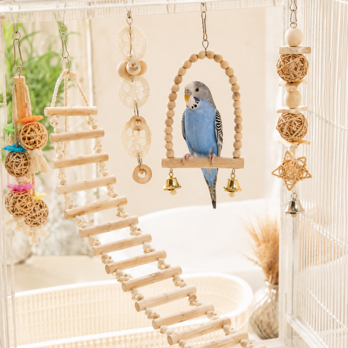 Budgie perched on a wooden bead arch swing with bells inside a cage, beside a loofah and mirror chain, colourful woven ball cluster, wooden ladder and star-shaped toy from the mixed bird toy set.