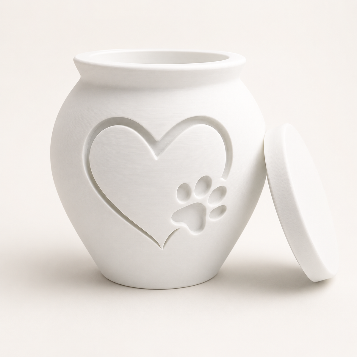 White 3D printed pet memorial urn with large heart and paw print motif, lid removed.