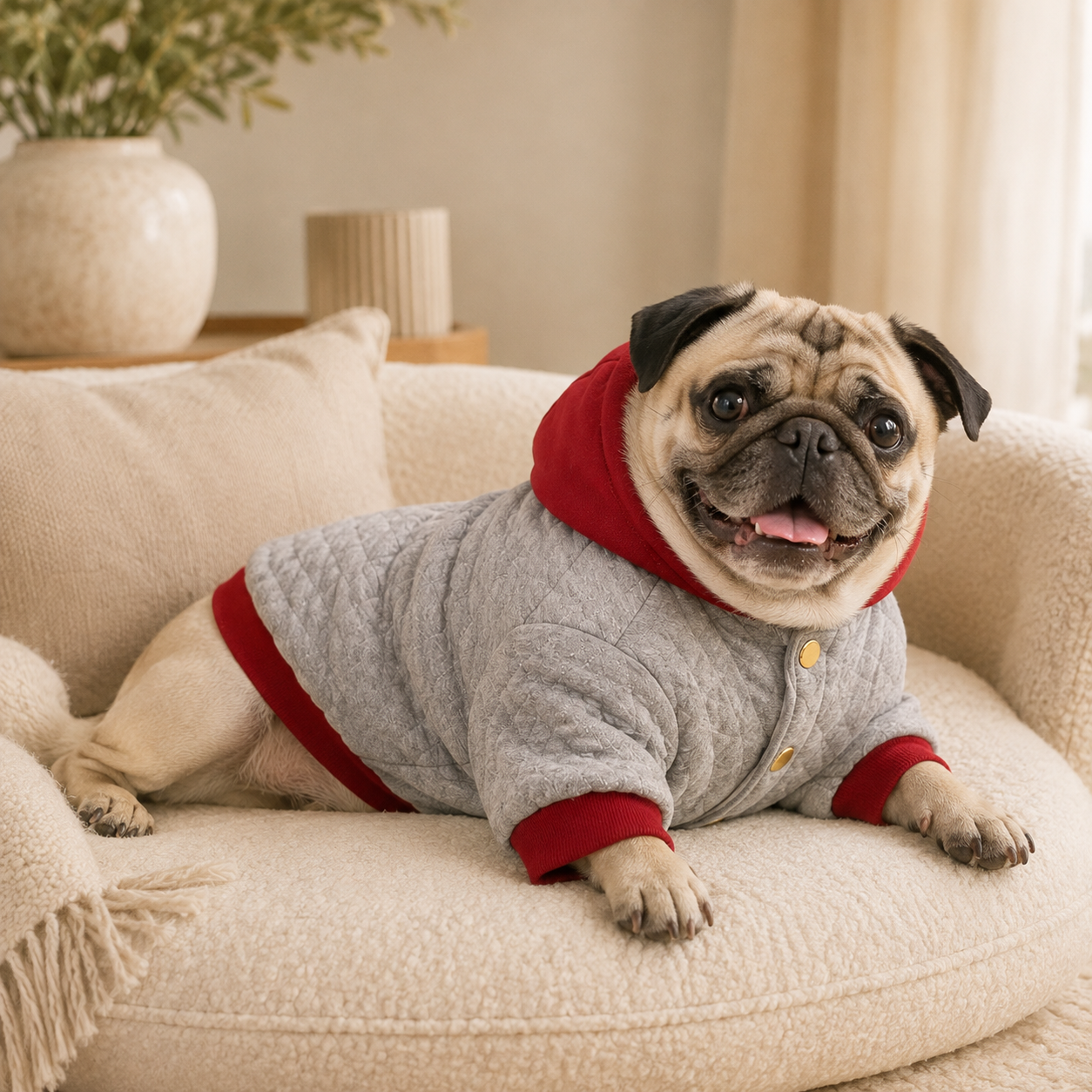 Pug wearing the red festive quilted hooded dog jacket in a cheerful lifestyle scene