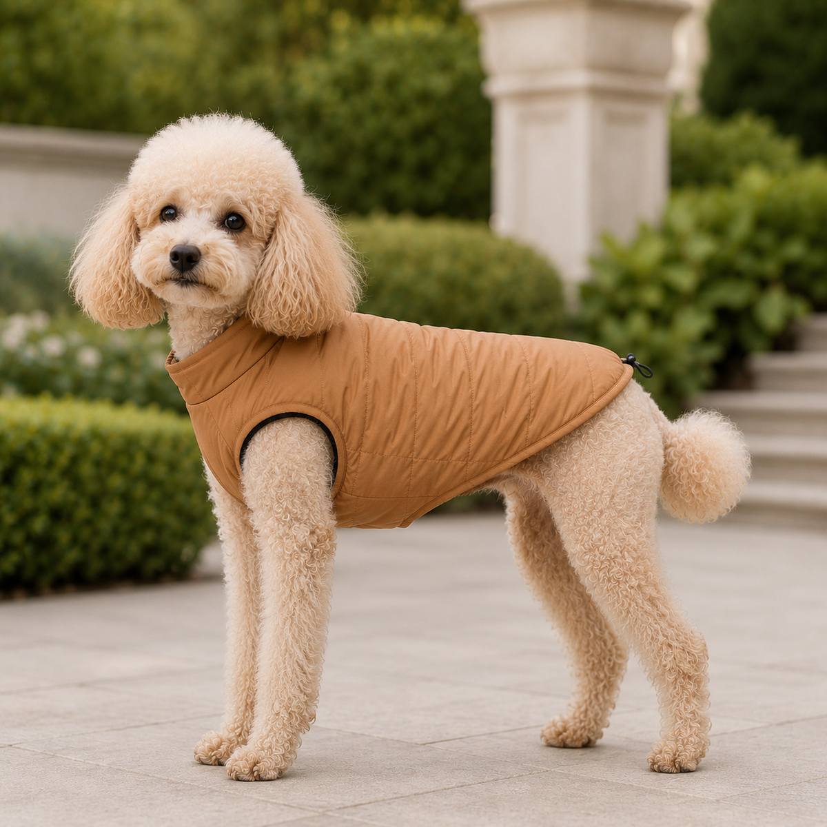 Poodle wearing the Water-Resistant Dog Vest in Brown outdoors.