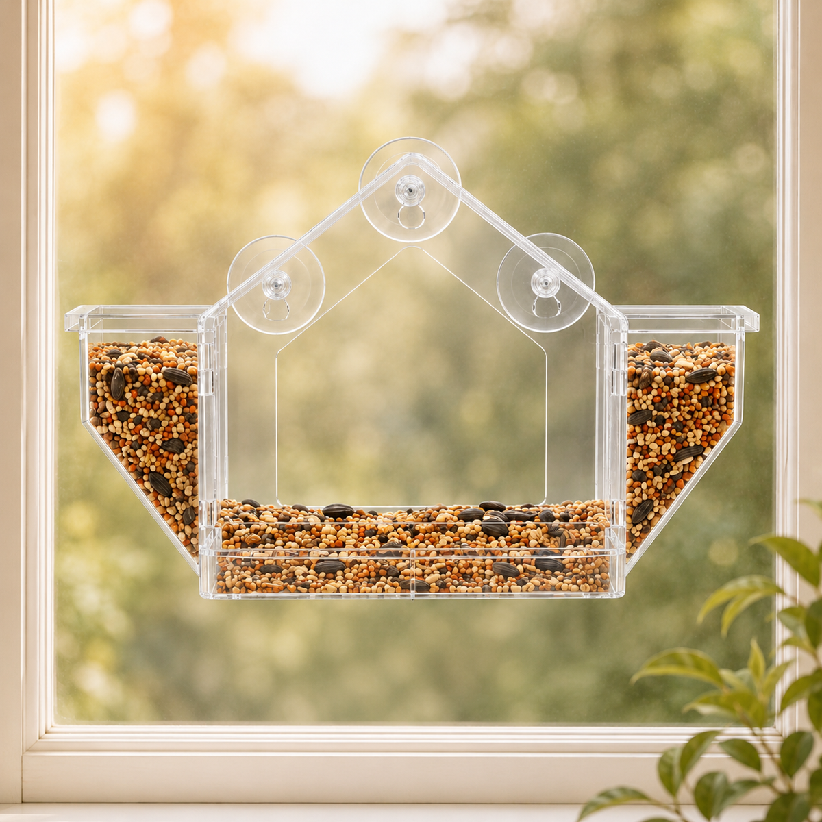 Product photo of the ClearView window-mounted bird feeder showing the transparent house-shaped design and three top suction cups.