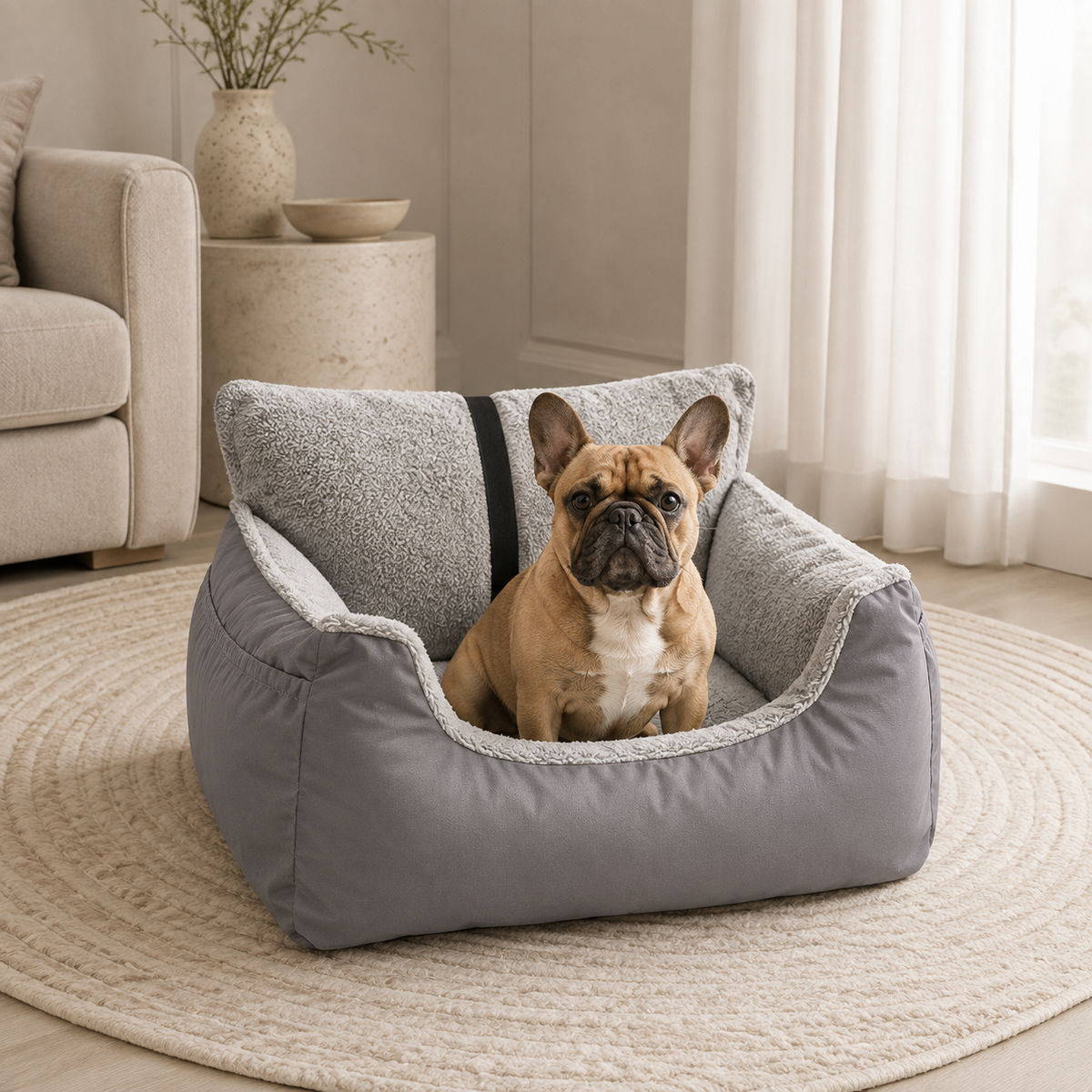 Grey Voyager Nest detachable pet car seat bed with a French bulldog in a soft ivory and taupe home interior.