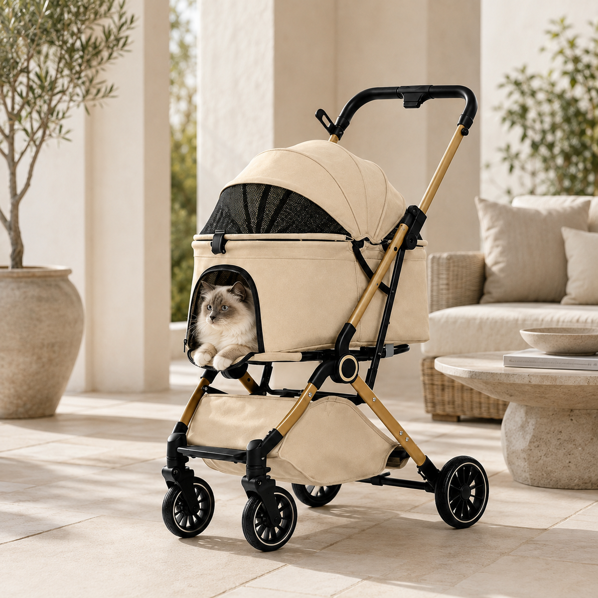 White cat relaxing inside a lightweight foldable pet stroller with mesh canopy and storage basket.