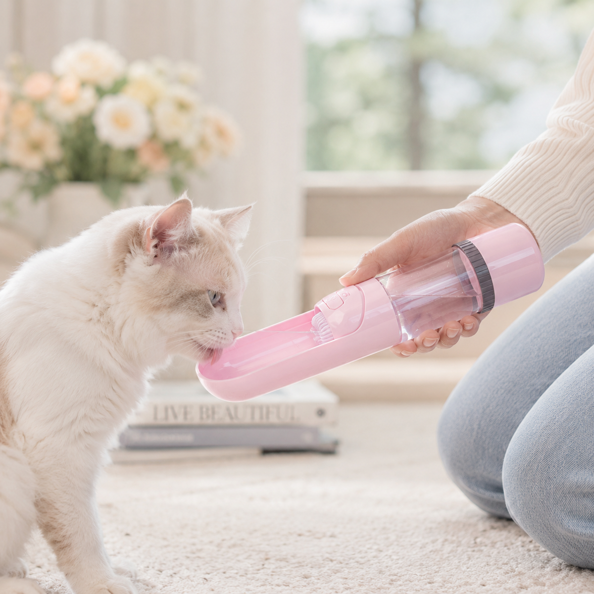Fluffy cream cat drinking from a pink Nomad Sip & Snack 2-in-1 Pet Travel Water Bottle indoors.
