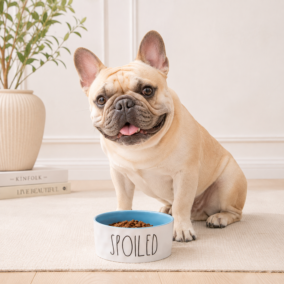 French bulldog beside a blue and white Spoiled ceramic pet bowl filled with kibble in a refined neutral room.