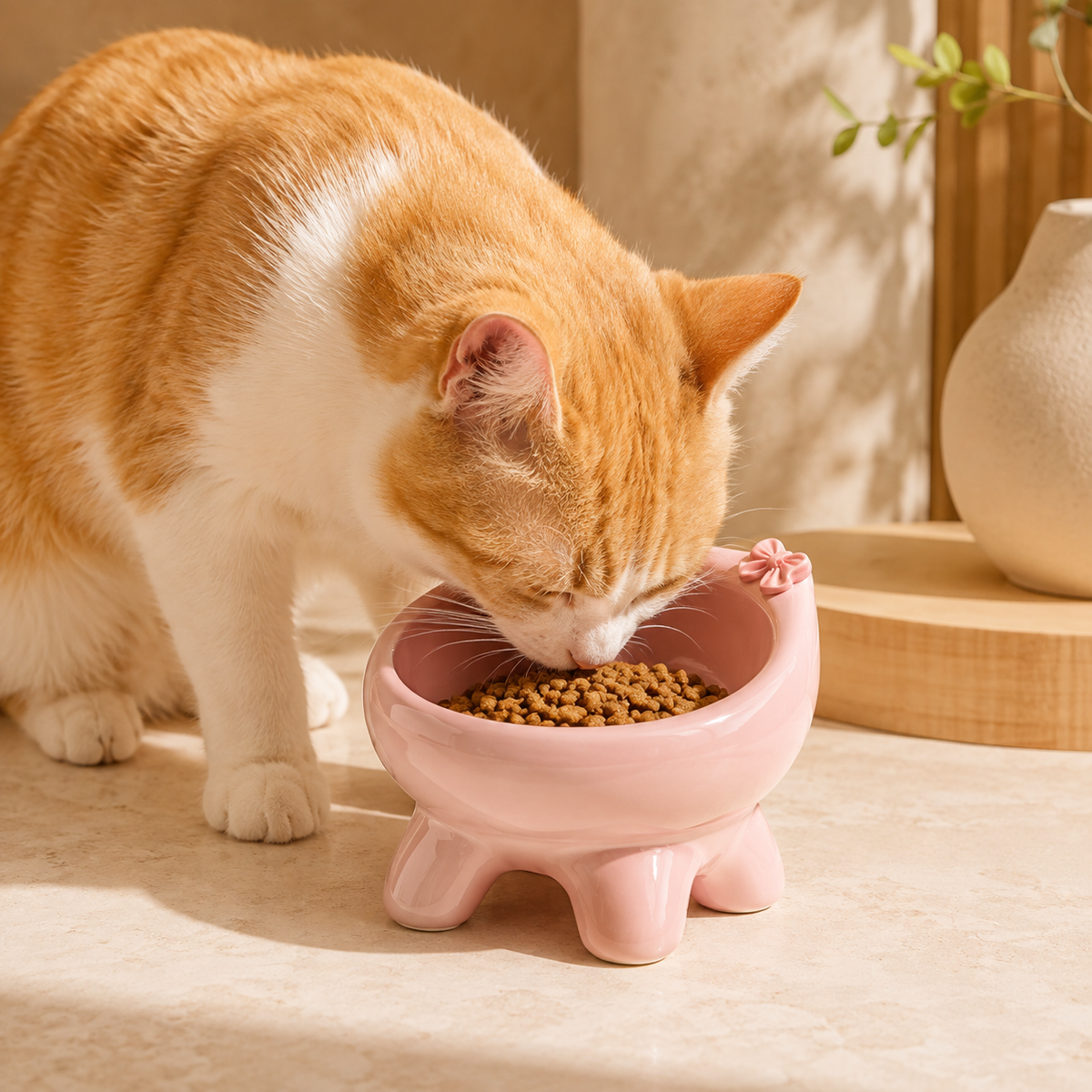 Ginger cat eating from a cherry blossom pink elevated ceramic cat bowl in a softly lit premium home setting.
