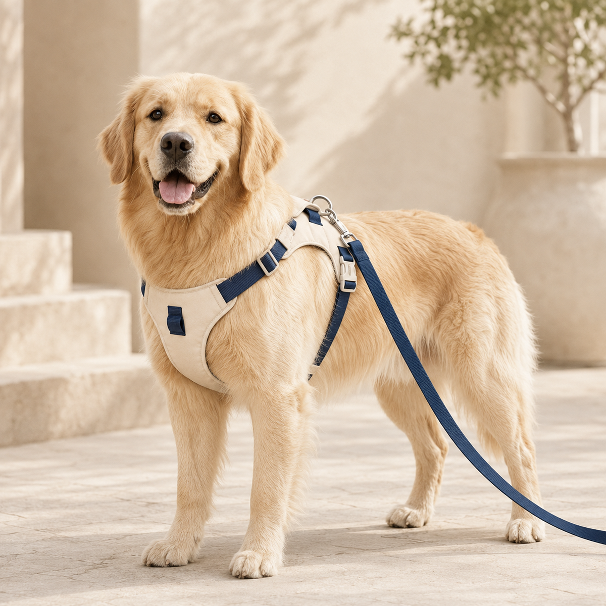 Golden Retriever wearing the Milan Water-Resistant Oxford Dog Harness in beige blue with matching leash.