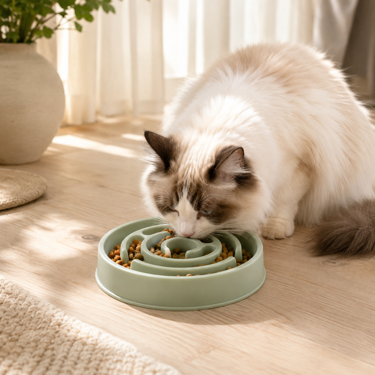 Ragdoll cat eating from the Luna Anti-Slip Spiral Slow Feeder Bowl in Sage Green.