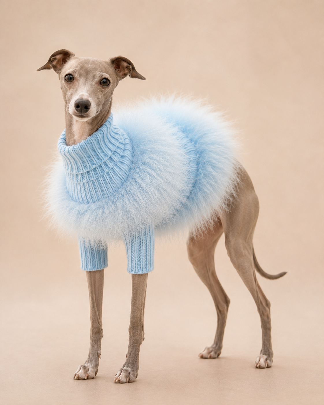 Italian greyhound wearing the Feather Trim Pet Sweater in Light Blue on a neutral studio backdrop.
