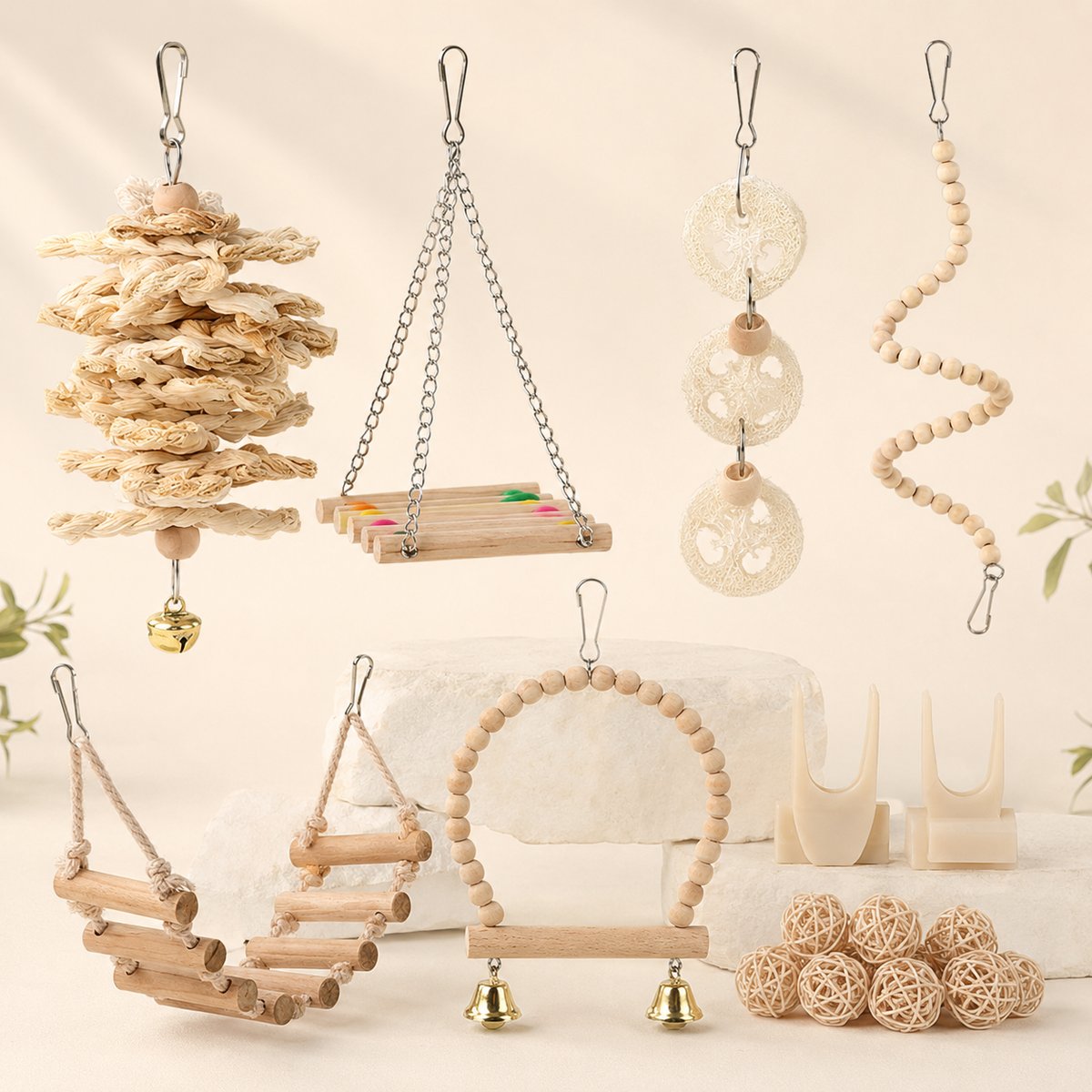 Natural-style wooden bird toy set with braided shredder toy, platform swing, loofah chain, bead spiral, rope swing, arch swing, fruit fork holders and woven rattan balls.